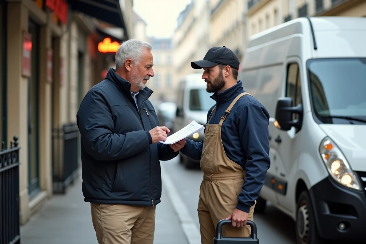 Homme âgé face à un serrurier sans identification officielle près d'un véhicule banalisé à Paris