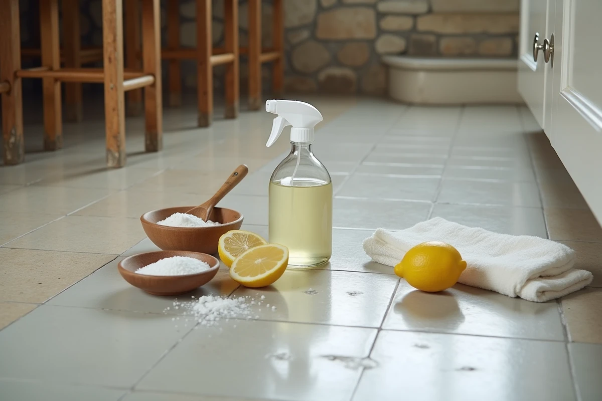 Sol en lino propre et brillant avec des ingrédients naturels pour le nettoyage comme le vinaigre, le citron et le sel dans une cuisine de ferme