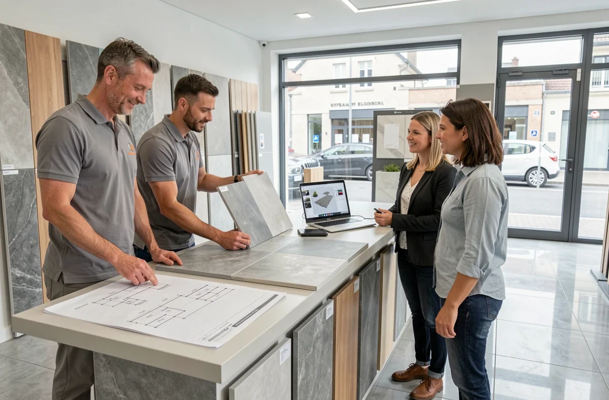 Conseiller de Strasbourg Carrelage Services présentant des échantillons de carrelage à des clients dans un showroom à Strasbourg