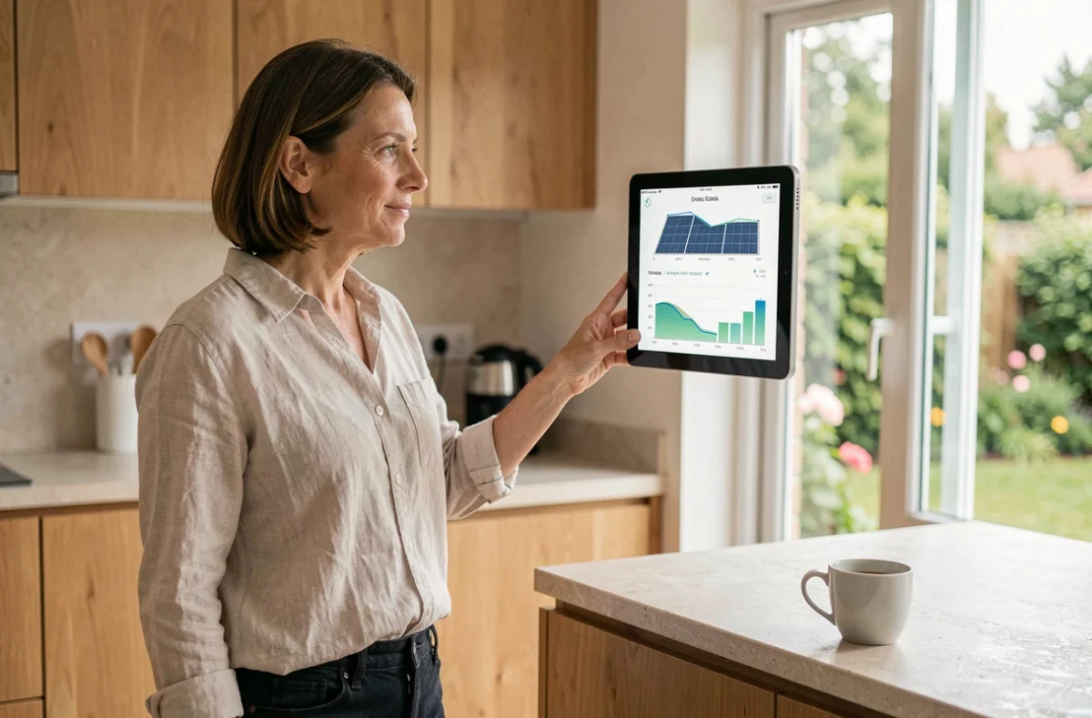 Femme consultant le tableau de bord de production solaire et charge de batterie dans une cuisine moderne