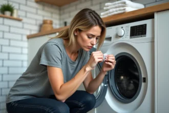 Femme lisant les symboles d'entretien sur une étiquette de vêtement devant un tambour de machine à laver ouvert