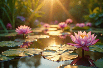 Étang de jardin avec nénuphars en pleine lumière