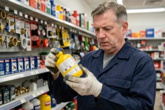 Technicien tenant un détendeur butane jaune dans un rayon de quincaillerie, examinant les indications sur l'étiquette