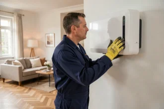 Technicien inspectant une pompe à chaleur air-air murale dans un salon rénové pour bénéficier de l'aide PAC