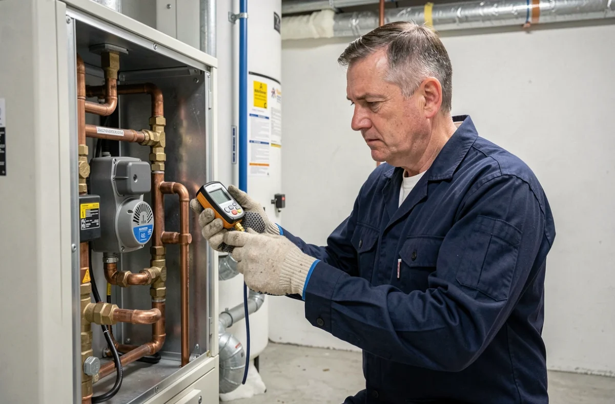 Technicien chauffagiste inspectant le module hydraulique intérieur d'une pompe à chaleur air-eau