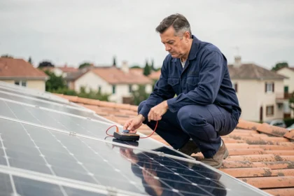 Technicien inspectant des panneaux solaires sur un toit en tuiles avec un multimètre numérique pour calculer la puissance photovoltaïque