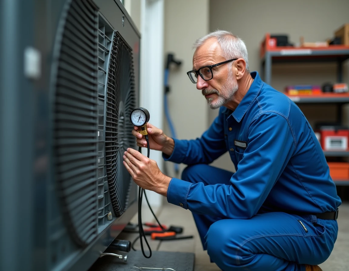 Technicien en train d'installer et de contrôler une pompe à chaleur Polytropic Inverter avec un manifold de mesure