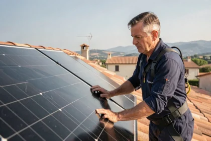 Technicien solaire inspectant un panneau solaire Dualsun sur un toit en tuiles en France