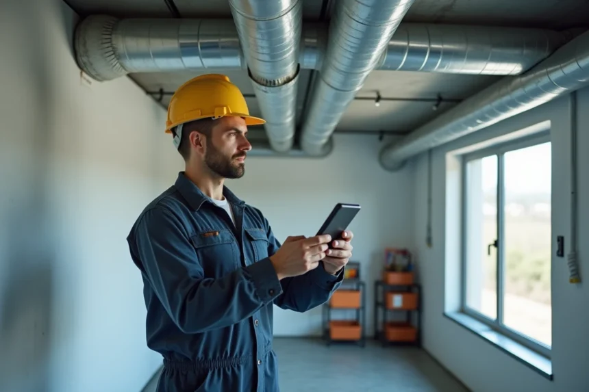 Technicien en overalls inspectant un conduit d air propre