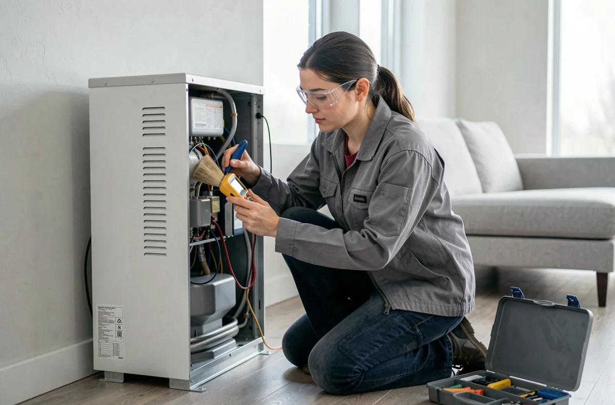 Technicienne vérifiant les composants internes d'une pompe à chaleur murale en intérieur