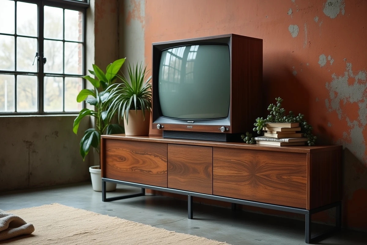 Téléviseur vintage années 60 en bois de noyer sur console en acier dans un espace industriel avec fenêtres d'usine