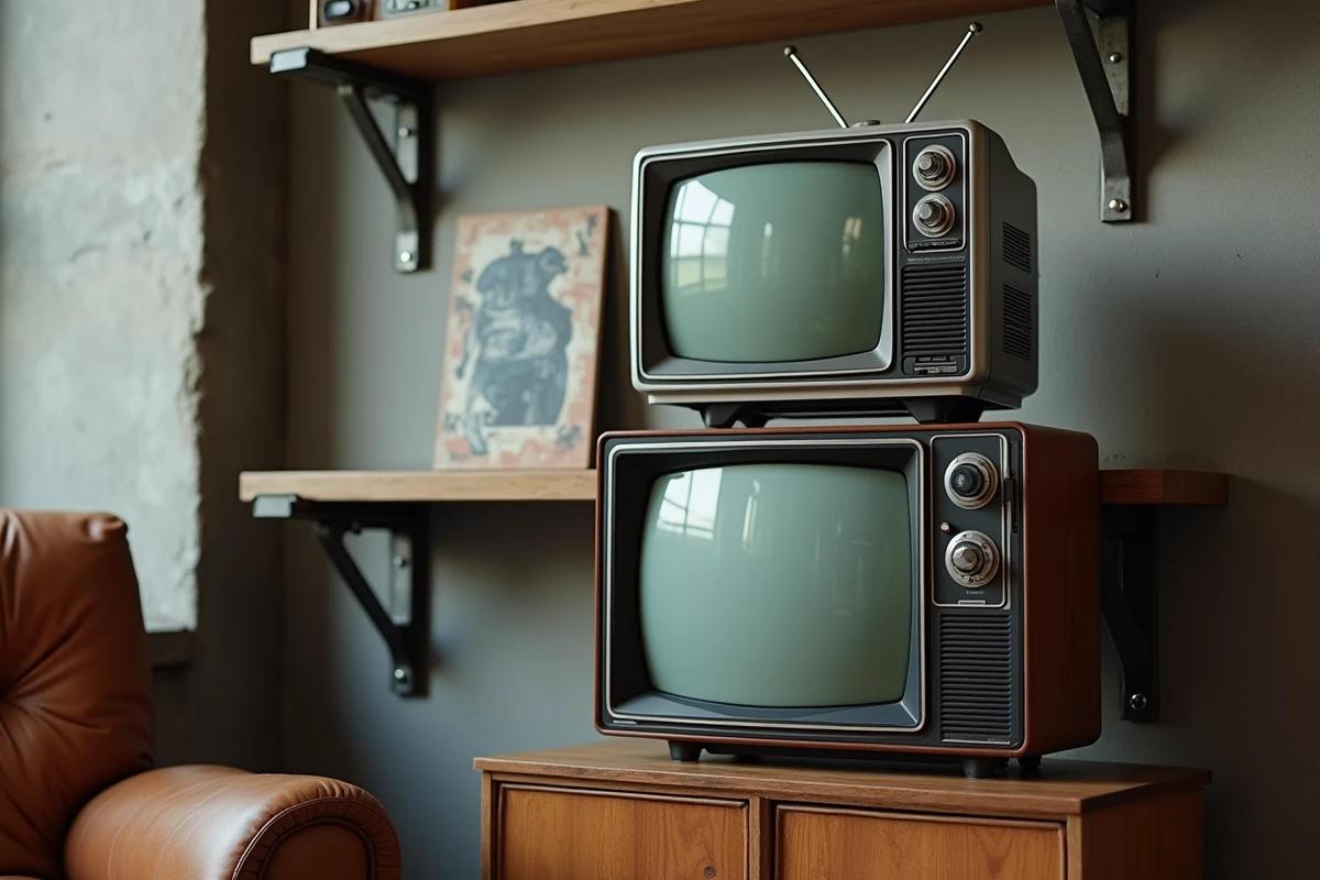 Deux téléviseurs vintage empilés de différentes époques utilisés comme décoration sculpturale dans un appartement style industriel