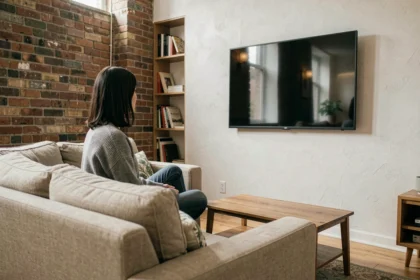 Femme regardant une télévision 50 pouces dans un petit salon d'appartement urbain