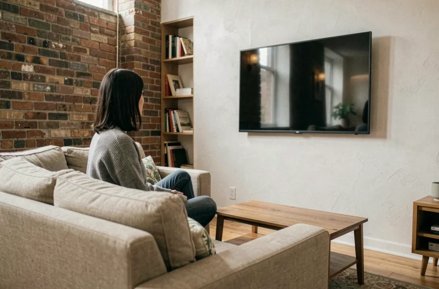 Femme regardant une télévision 50 pouces dans un petit salon d'appartement urbain