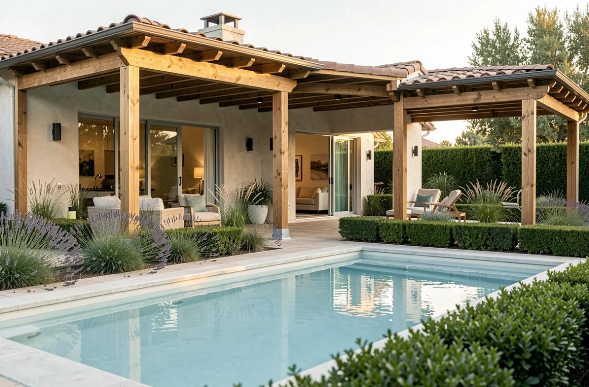 Terrasse et piscine d'une maison en L vue depuis le jardin avec pergola en bois et baie vitrée coulissante