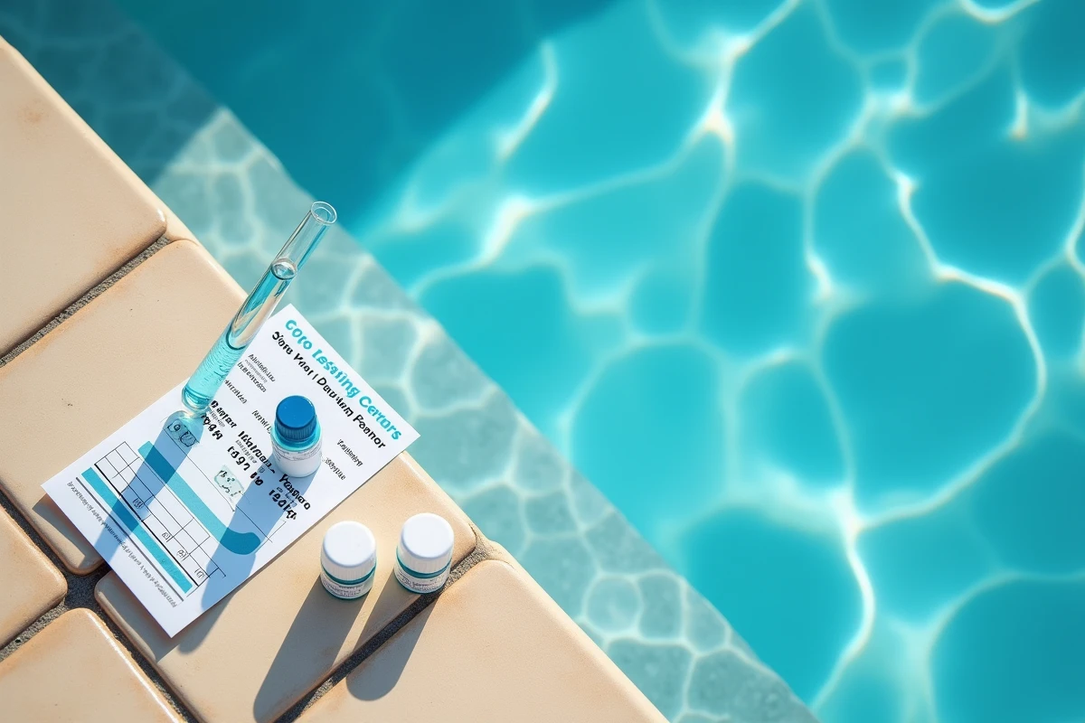 Kit de test de l'eau d'une piscine posé sur le carrelage du bord avec un tube d'eau et une grille de comparaison de couleurs