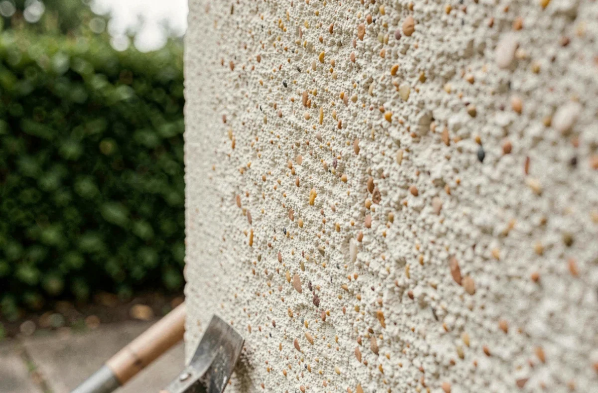 Texture de crépi gratter en gros plan sur une façade de maison fraîchement enduite