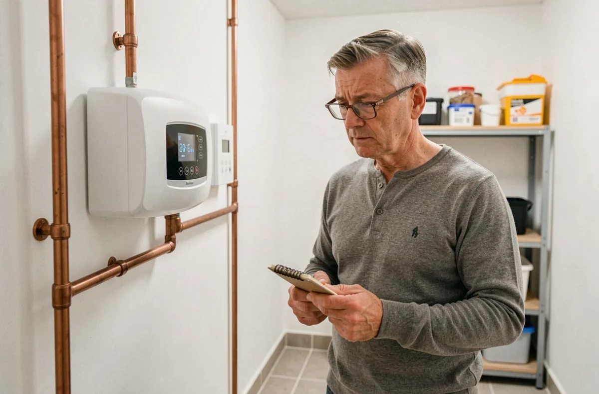 Homme consultant le thermostat de sa pompe à chaleur dans une buanderie moderne