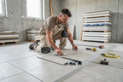 Carreleur professionnel posant du carrelage grand format dans un chantier de rénovation dans le Grand Est