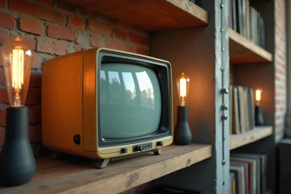 Télévision vintage CRT des années 70 posée sur une étagère en bois brut dans un loft industriel avec briques apparentes