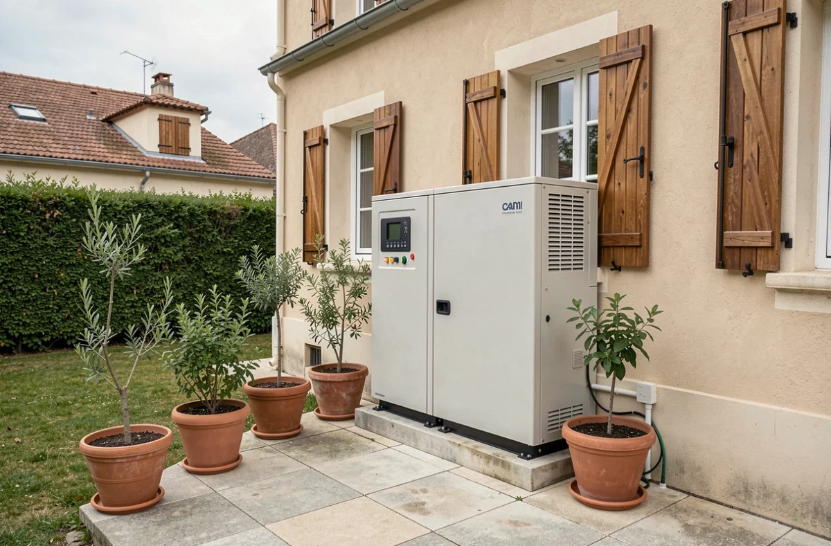 Unité extérieure de pompe à chaleur air-air installée sur la façade d'une maison pavillonnaire française