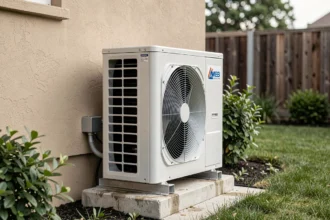 Unité extérieure d'une pompe à chaleur air-eau installée sur la façade d'une maison moderne avec jardin