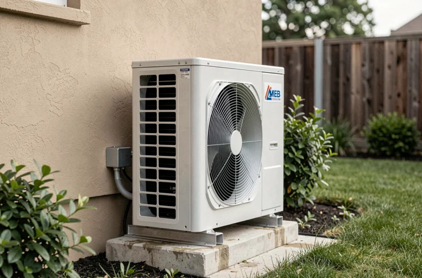Unité extérieure d'une pompe à chaleur air-eau installée sur la façade d'une maison moderne avec jardin