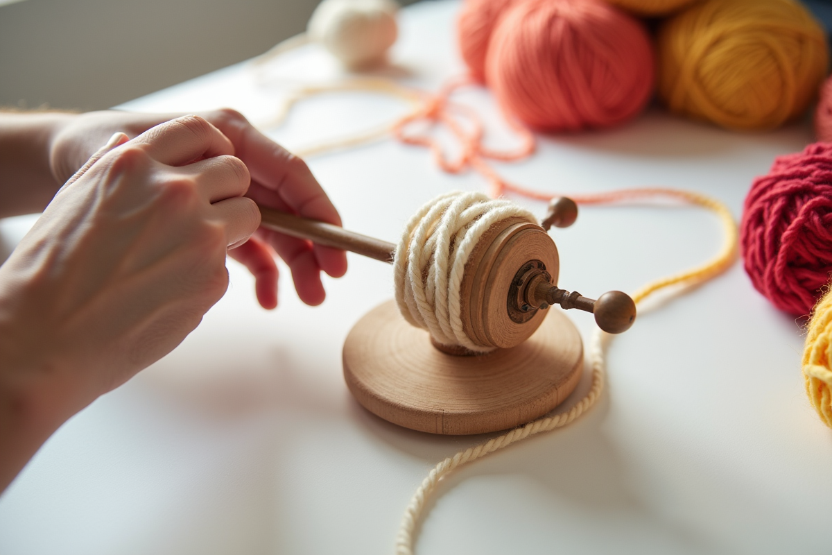 Main utilisant une clé à laine avec des projets tricot en arrière-plan