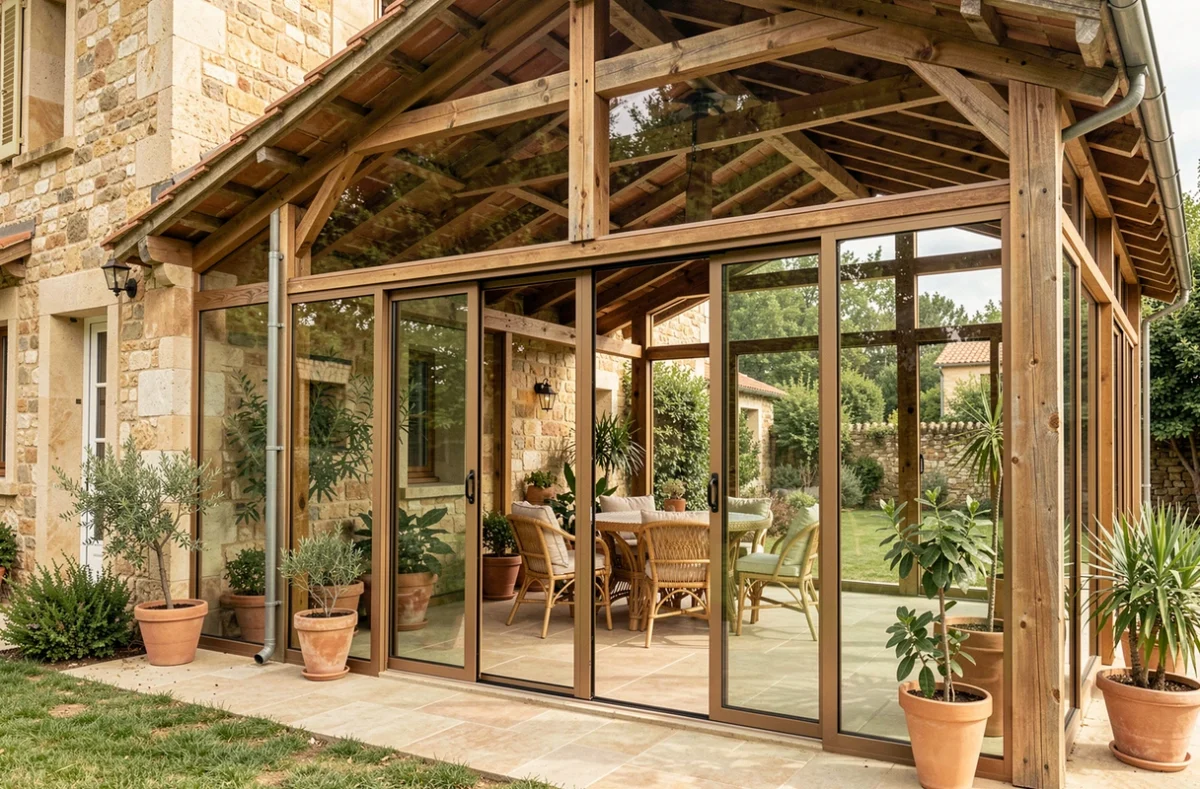Véranda en bois et double vitrage panoramique accolée à une maison en pierre, avec porte coulissante et mobilier en rotin dans un cadre végétal