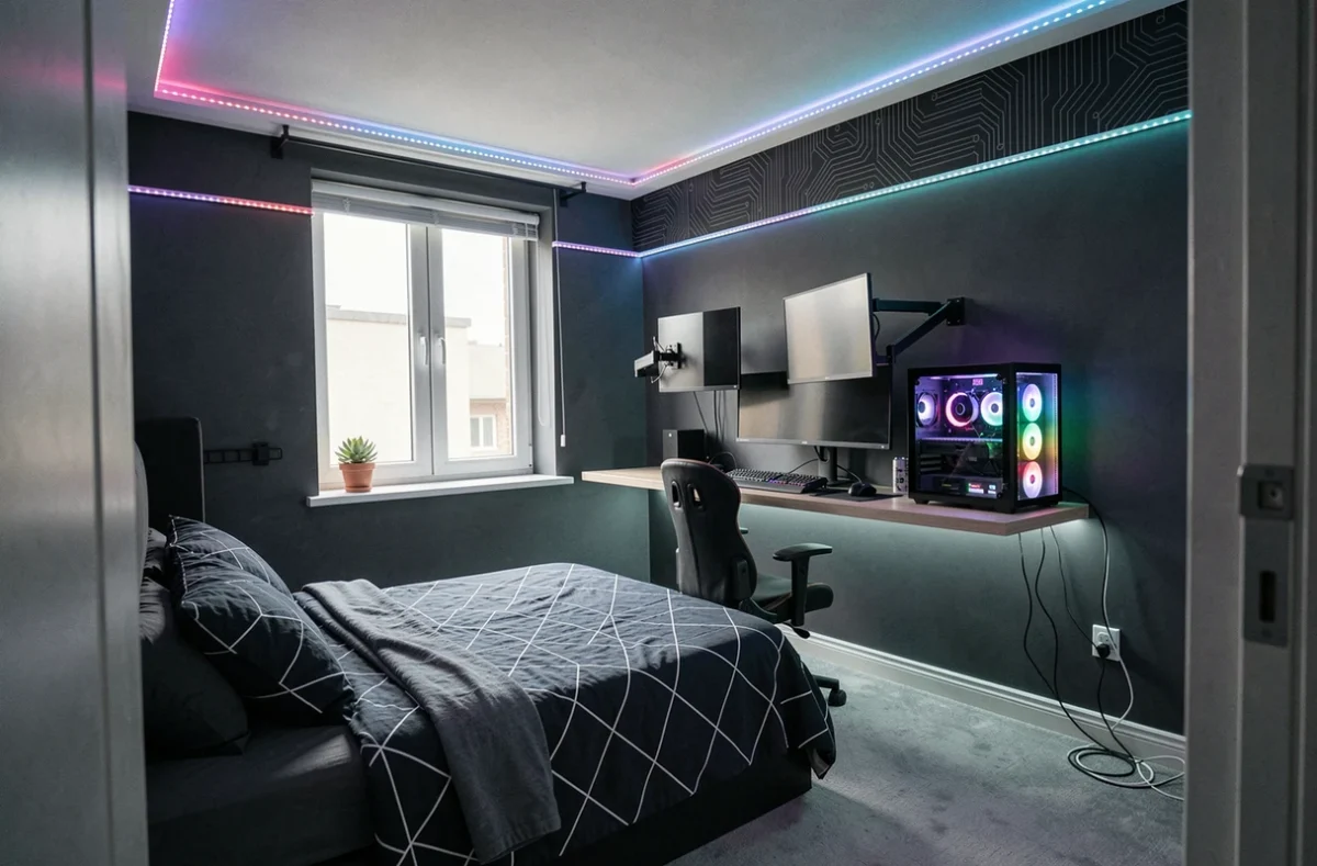 Vue d'ensemble d'une chambre gaming futuriste avec leds au plafond, bureau flottant, double moniteur et mini-PC vitré
